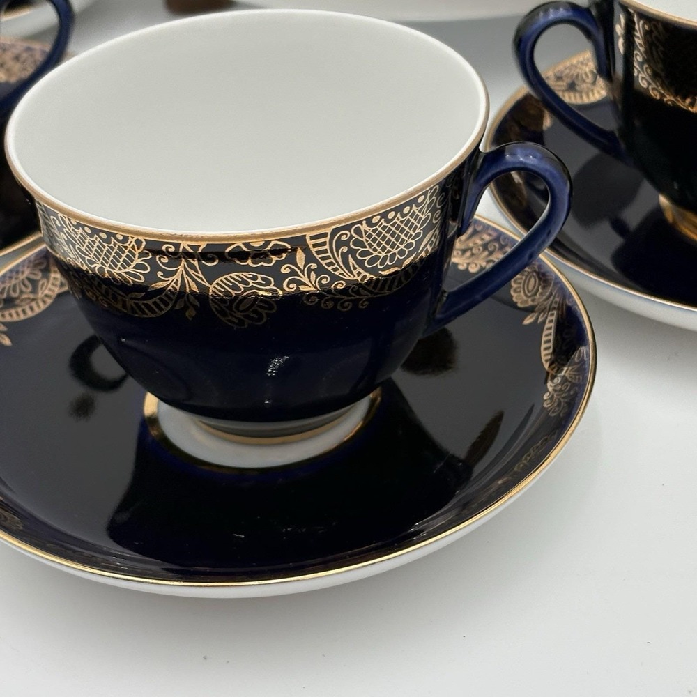 Vintage Russian Cobalt Net Gold Web Lomonosov Tea Cup with Saucer Set of 6 - Picture 7 of 13